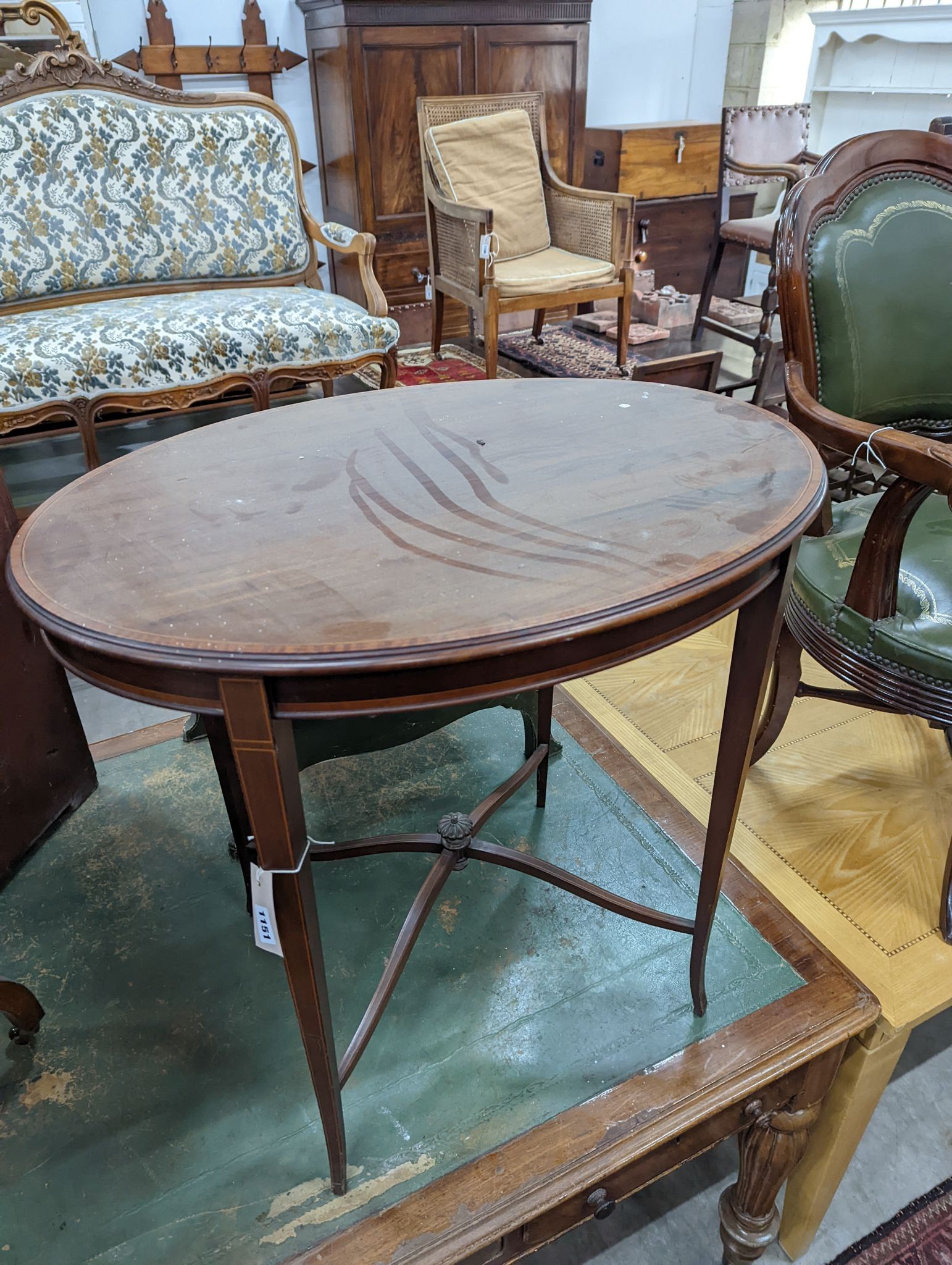 An Edwardian oval satinwood banded occasional table, width 76cm, height 71cm together with a Victorian octagonal centre table